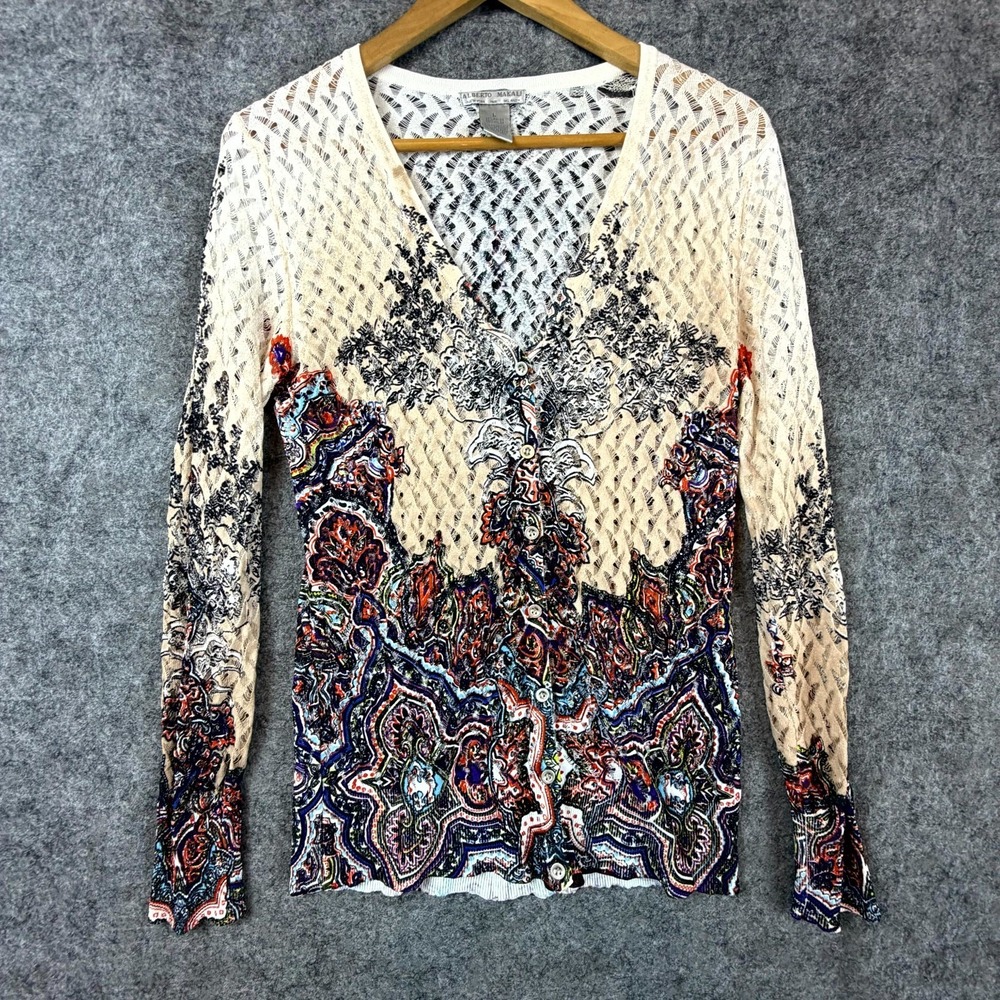 Alberto Makali Cardigan Sweater Women Large Paisley Crochet Boho Hippie Festival